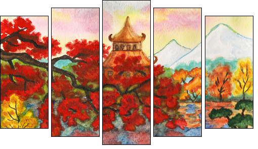 Autumn in Japan, painting  - Obraz pięcioczęściowy, Pentaptyk