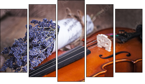 Vintage composition with violin and lavender  - Obraz pięcioczęściowy, Pentaptyk