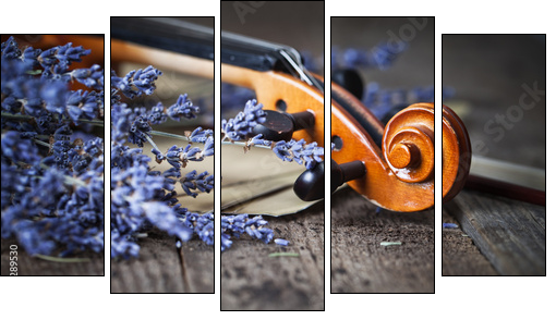 Vintage composition with violin and lavender  - Obraz pięcioczęściowy, Pentaptyk