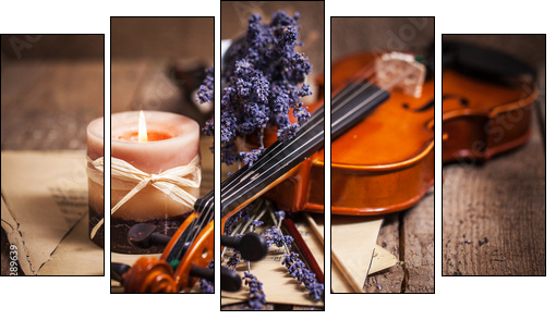 Vintage composition with violin and lavender  - Obraz pięcioczęściowy, Pentaptyk