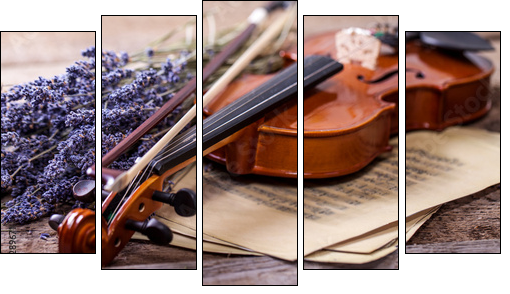 Vintage composition with violin and lavender  - Obraz pięcioczęściowy, Pentaptyk