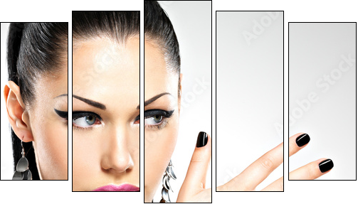 Beautiful fashion sexy woman with black nails at pretty face  - Obraz pięcioczęściowy, Pentaptyk