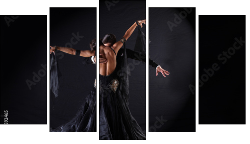 Latino dancers in ballroom against on black background  - Obraz pięcioczęściowy, Pentaptyk