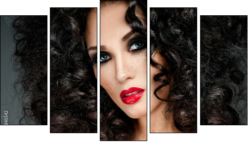 beautiful brunette with gorgeous curly hair  - Obraz pięcioczęściowy, Pentaptyk