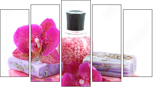Sea salt, soap and orchid isolated on white  - Obraz pięcioczęściowy, Pentaptyk