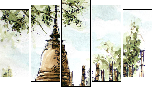 thailand ancient  temple water color painting  - Obraz pięcioczęściowy, Pentaptyk
