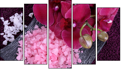 Still life with beautiful blooming orchid flower  and wooden  - Obraz pięcioczęściowy, Pentaptyk
