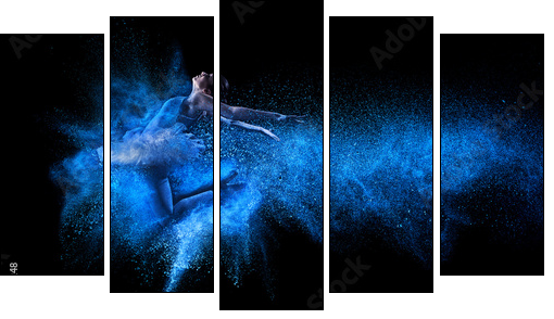 Young beautiful dancer jumping into blue powder cloud  - Obraz pięcioczęściowy, Pentaptyk