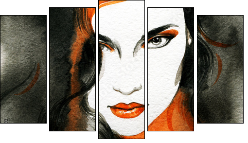 Beautiful woman.  Hand painted fashion illustration  - Obraz pięcioczęściowy, Pentaptyk