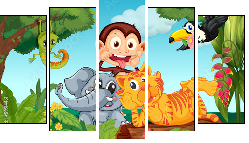 Five animals at the forest  - Obraz pięcioczęściowy, Pentaptyk