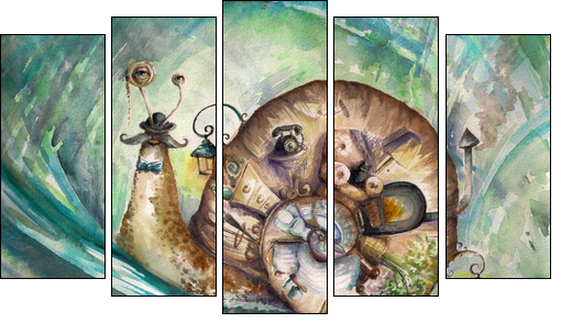 Snail with his house.Picture created with watercolors.  - Obraz pięcioczęściowy, Pentaptyk
