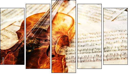 Old violin lying on the sheet of music  - Obraz pięcioczęściowy, Pentaptyk