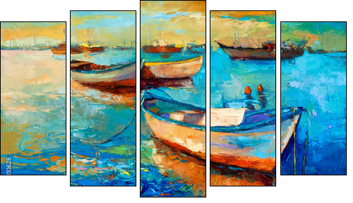 Boats on sunset  - Obraz pięcioczęściowy, Pentaptyk