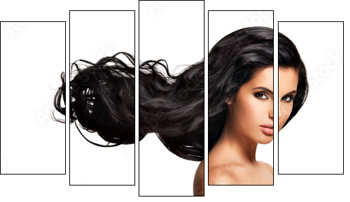Beautiful brunette woman with long black  hair  - Obraz pięcioczęściowy, Pentaptyk