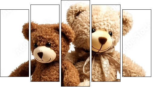 Two teddy bears together. Kids toys. Isolated on a transparent background. KI. - Obraz pięcioczęściowy, Pentaptyk