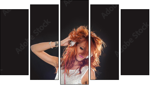 Young sexy deejay woman against black background.  - Obraz pięcioczęściowy, Pentaptyk