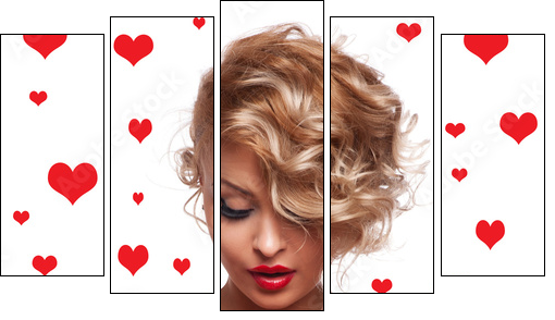 Beautiful woman with glamour bright makeup and red hear  - Obraz pięcioczęściowy, Pentaptyk