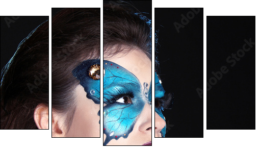 Face art portrait. Fashion Make up. Butterfly makeup on face bea  - Obraz pięcioczęściowy, Pentaptyk