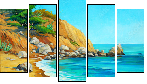 landscape of mediterranean sea with a beach and  bay, painting b  - Obraz pięcioczęściowy, Pentaptyk