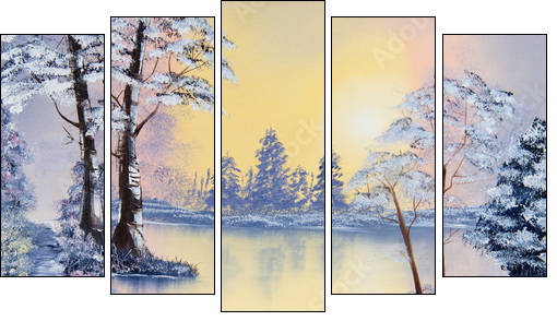 Painting of a pond in Winter  - Obraz pięcioczęściowy, Pentaptyk