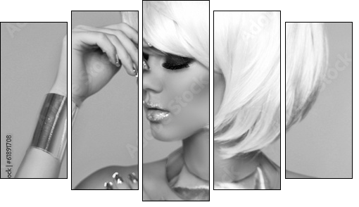 Fashion Blond Girl. Beauty Portrait Woman. Makeup. White Short H  - Obraz pięcioczęściowy, Pentaptyk