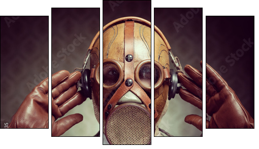 Vintage gas mask and headphones  - Obraz pięcioczęściowy, Pentaptyk
