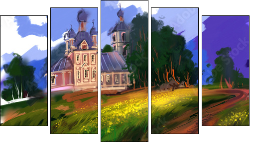 Landscape with Church  - Obraz pięcioczęściowy, Pentaptyk