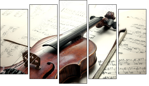 Old scratched violin with sheet music. Vintage style.  - Obraz pięcioczęściowy, Pentaptyk