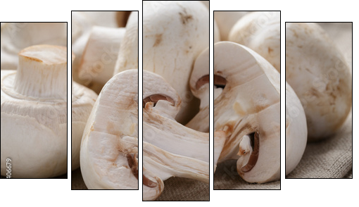 fresh white champignon on wood table  - Obraz pięcioczęściowy, Pentaptyk
