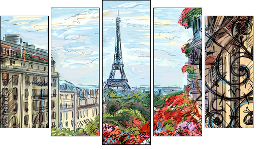 Street in paris - illustration  - Obraz pięcioczęściowy, Pentaptyk