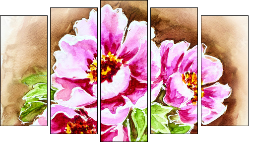 Painted watercolor card with peony flowers  - Obraz pięcioczęściowy, Pentaptyk
