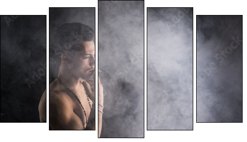 Shirtless young man smoking cigarette with a lot of smoke around  - Obraz pięcioczęściowy, Pentaptyk