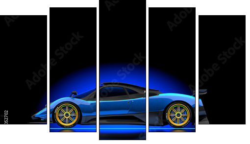blauer supersport wagen im studio  - Obraz pięcioczęściowy, Pentaptyk