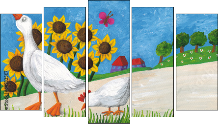 Goose with hen on village way  - Obraz pięcioczęściowy, Pentaptyk