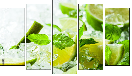 lime and leaves of mint with ice  - Obraz pięcioczęściowy, Pentaptyk