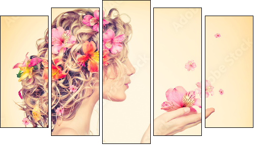 Beauty girl takes beautiful flowers in her hands  - Obraz pięcioczęściowy, Pentaptyk