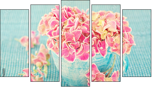 Pink hydrangea flowers in a cup on a blue background .  - Obraz pięcioczęściowy, Pentaptyk