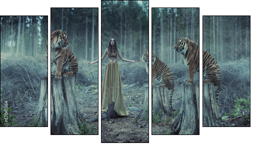 Attractive female trainer with the tigers  - Obraz pięcioczęściowy, Pentaptyk