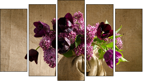 Beautiful bouquet of tulips with sprigs of lilac in a vase on a  - Obraz pięcioczęściowy, Pentaptyk