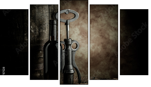 wine glass bottle and barrel  - Obraz pięcioczęściowy, Pentaptyk