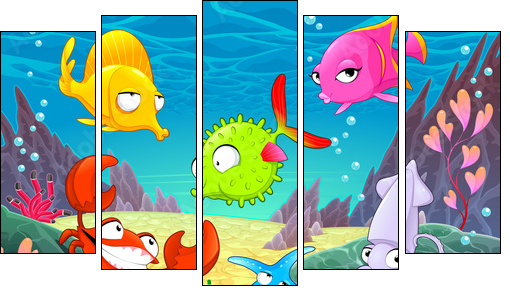 Funny happy animals under the sea.  - Obraz pięcioczęściowy, Pentaptyk