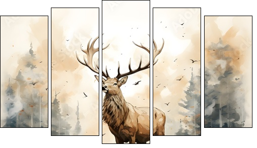Masterful Brushstrokes: Juxtaposed Elk Painting in Minimalist Nature Study - Obraz pięcioczęściowy, Pentaptyk