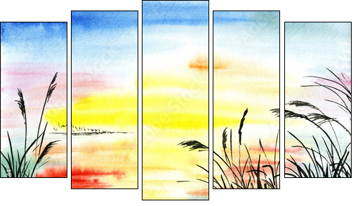 watercolor drawing landscape  - Obraz pięcioczęściowy, Pentaptyk