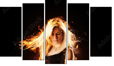 Burning girl with flaming guitar on black background  - Obraz pięcioczęściowy, Pentaptyk