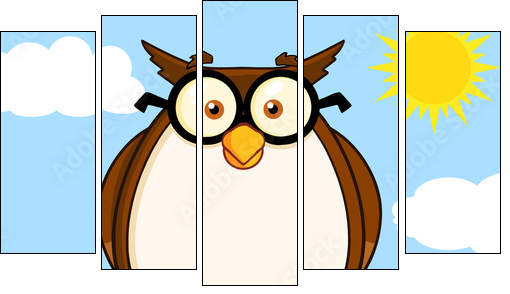 Wise Owl On Tree Cartoon Character  - Obraz pięcioczęściowy, Pentaptyk