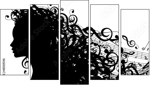 Vector Silhouette of Female Head with Musical Symbols  - Obraz pięcioczęściowy, Pentaptyk