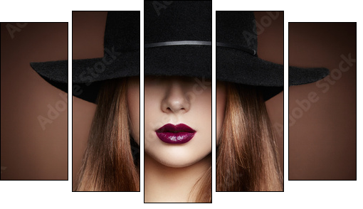 Fashion photo of young magnificent woman in hat. Girl posing  - Obraz pięcioczęściowy, Pentaptyk