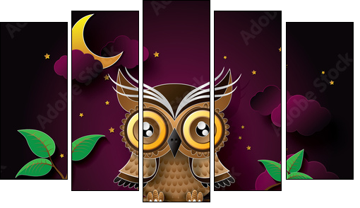 vector of owl and moon.  - Obraz pięcioczęściowy, Pentaptyk