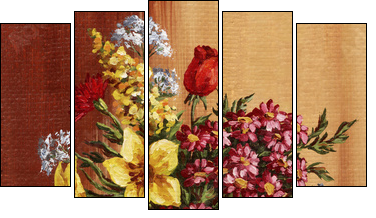 Painting, garden flowers in a clay amphora  - Obraz pięcioczęściowy, Pentaptyk