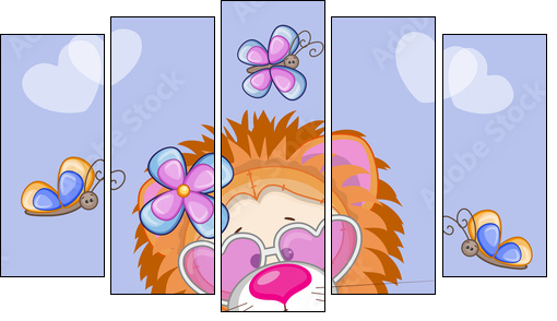 Lion with flowers  - Obraz pięcioczęściowy, Pentaptyk